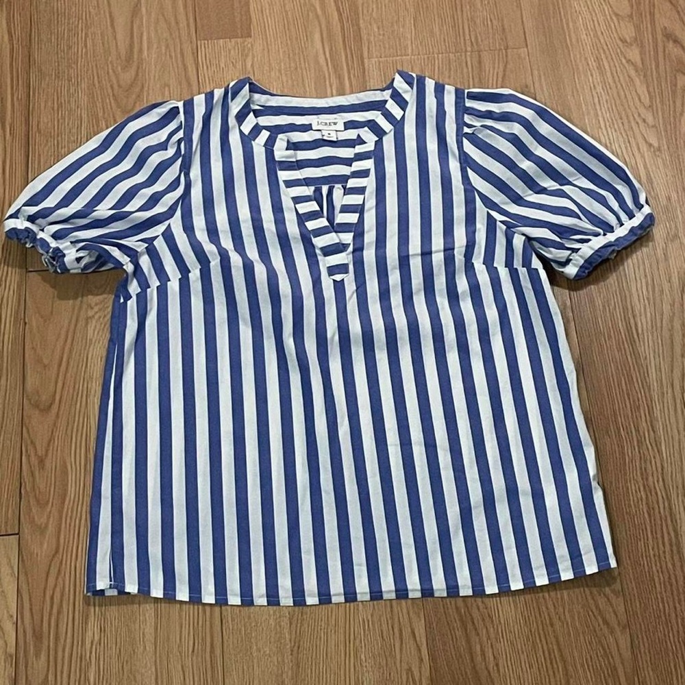 J.Crew Women’s Small Short Sleeve Puffed V-Neck Blouse Shirt Blue Striped